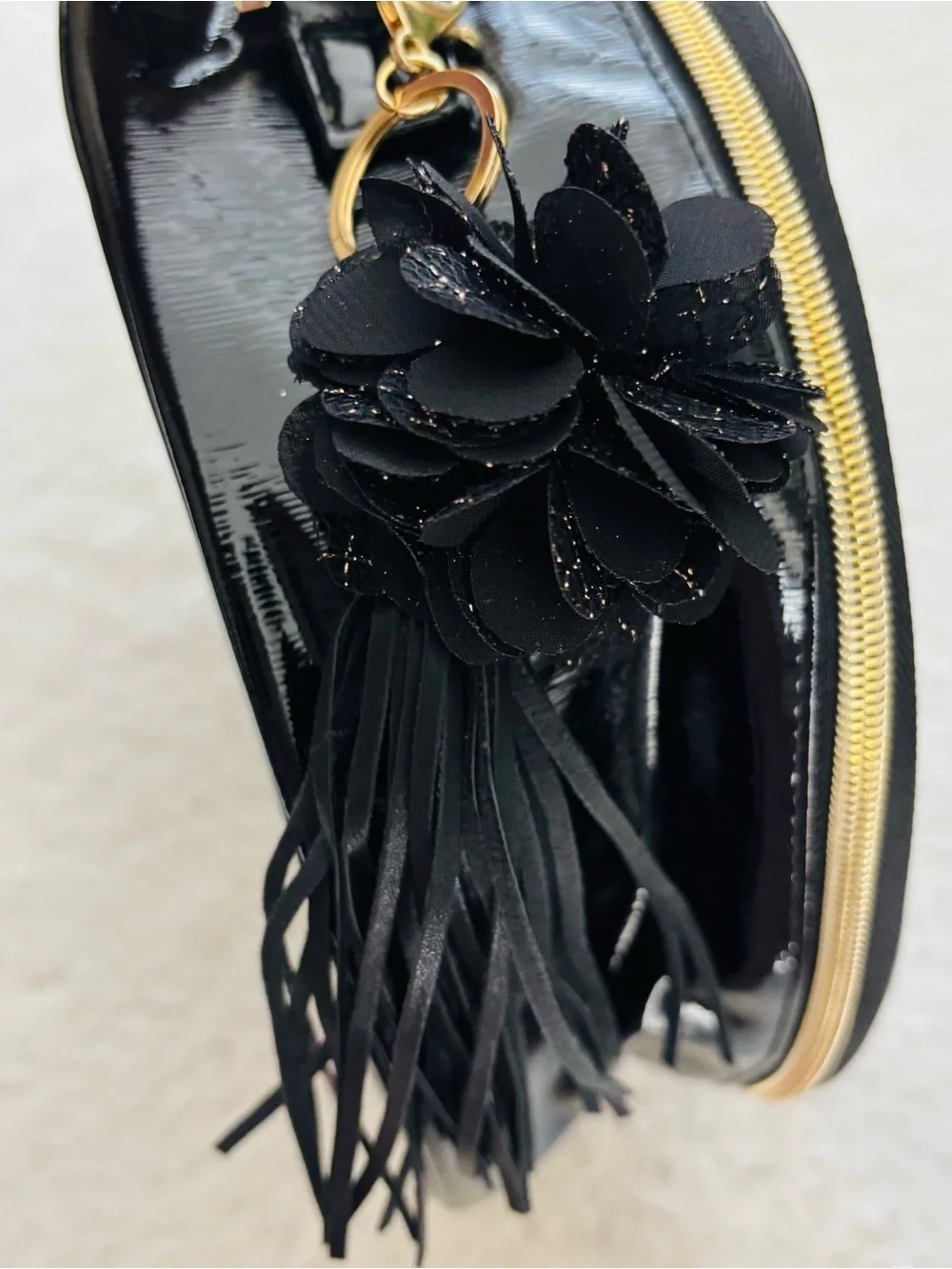 Lanncome Faux Black Patent Cosmetic Case with Tassel Travel Bag